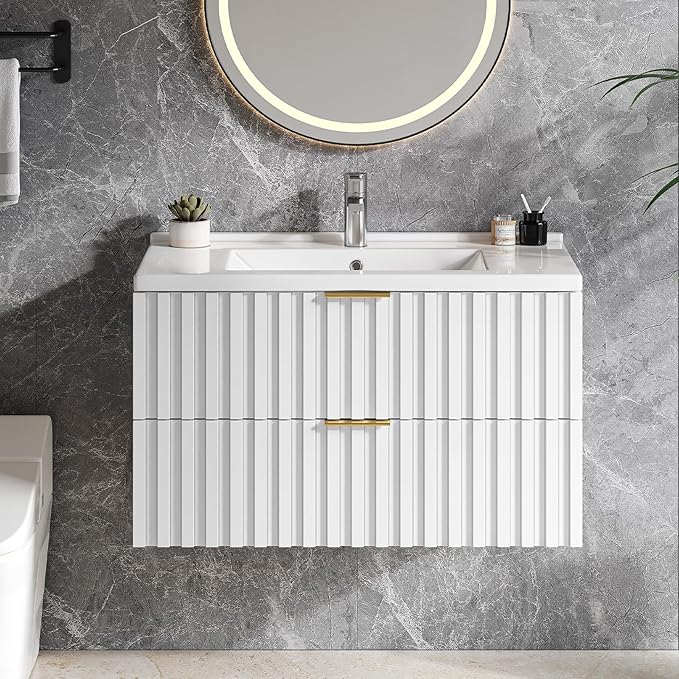 ONBRILL 30 Inch Bathroom Vanity with Sink Combo, Floating Bathroom Vanity with 2 Fluted Drawers & Metal Handle, Modern Wall Mount Storage Cabinet with Ceramic Integrated Sink for Small Space (White)