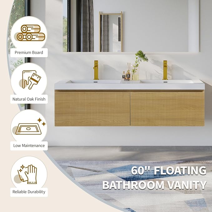 60'' Floating Striped Bathroom Vanity with Sink Combo, No Assembly Required | Modern Wall-Mounted Bathroom Storage Cabinet with Soft-Close Drawer and Glossy White Solid Surface Basin, Natural Oak