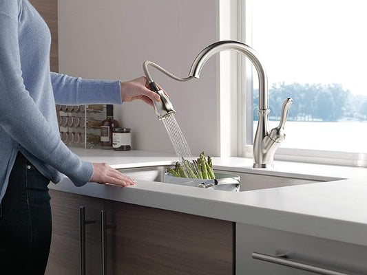 Delta Leland Brushed Nickel Kitchen Faucet with Pull Down Sprayer, Traditional Single Hole Kitchen Sink Faucet, Single Handle, SpotShield Stainless 9178-SP-DST