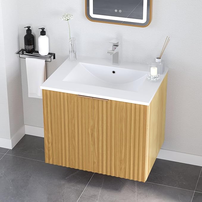 Modern Bathroom Vanity Without Sink, Floating Wall Mount Cabinet with Wavy Textured Doors, Waterproof Storage for Small Bathroom, Soft-Close Design, Nature Wood (Nature Without Sink, 24")