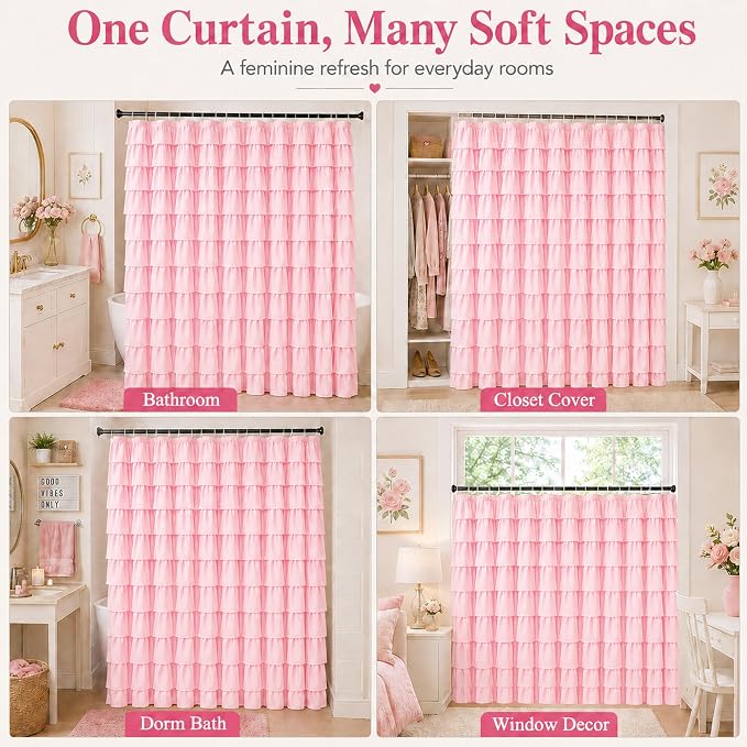Pink Ruffle Shower Curtain for Master Bathroom, 72 x 84, Ruffled Layered | Romantic Feminine Aesthetic, Extra-long 72x84, 12 Hooks Included, Machine Washable, Cascading Ruffle Tiers, Soft Microfiber