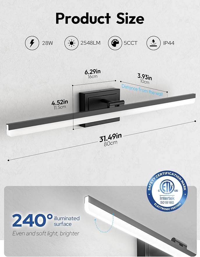 VOLISUN Modern Bathroom Vanity Light 31.5 inch, 28W Dimmable 5CCT Led Bathroom Light Fixture Over Mirror, Black Bar Vanity Light for Bathrooms Mirror Cabinets Bedroom-ETL Certificated