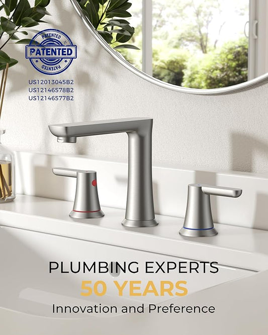 FORIOUS Brushed Nickel Bathroom Faucets 3 Hole, 2 Handle 8 in Widespread Bathroom Faucet Brushed Nickel with Metal Drain, Supply Hose, Water Saving Aerator, for Vanity Sinks, Commercial Sinks