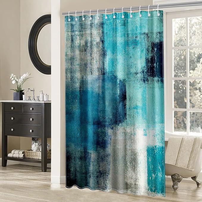 Mocsicka Teal Abstract Shower Curtain Turquoise and Grey Teal Abstract Art Painting Shower Curtain Bathroom Bathtub Curtain 72x72 Inch with 12 Hooks