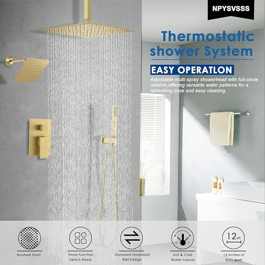 Shower System Dual Shower Heads with 12" Ceiling Mounted Rain Shower Head & 6" Wall Mounted Head Full Body Luxury Rain Shower System 3 Way Pressure Balance Valve Kit, Brushed Gold