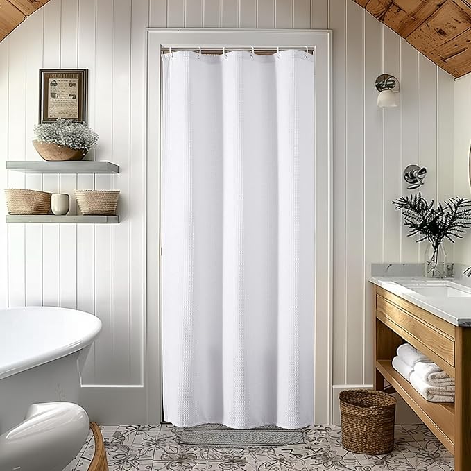 Stall Fabric Shower Curtain Set - 36x72, Waffle Weave 230GSM Heavy Duty Small White Shower Curtains for Narrow Stall Size, Machine Washable Bath Curtain with 12 Plastic Hooks, 36x72 Inch