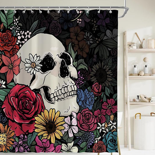 Halloween Gothic Hippie Skull Skeleton Shower Curtain for Bathroom 72W*72H Inch Scary Spooky Rustic Horror Vintage Floral Bathtub Hallowmas Decor Waterproof Polyester Fabric Set with 12 Hooks