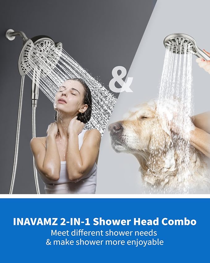 2 in 1 Shower Head with Handheld Combo High Pressure Nickel 2.5 GPM | 7.2" Rain Showerhead and 9 Spray Hand Held Shower, Adjustable Shower Angle, 59-inch Rotatable Stainless Steel Hose