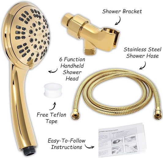 Luxury Handheld Shower Kit - 2.5 GPM - Polished Brass | 6 Function High Pressure Removable Hand Held Showerhead with Hose and Mount, Easy Install for Boosting Low Water Flow Baths