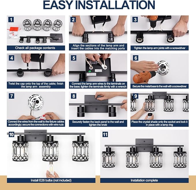 Crystal Modern Bathroom Light Fixtures, 4-Light Black Bathroom Vanity Wall Light, Vanity Lights for Mirror, Restroom, Bedroom (E26 Socket, Bulbs Not Included)