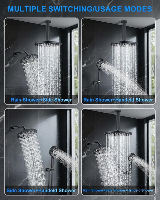Woindo Shower System with Pressure Balance Valve, 10" Ceiling Mount Shower Faucet Set with 2 Rain Shower Head And Multi-function Handheld Head Push Button Diverter Pressure Balancing Valve Kit