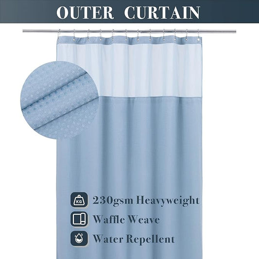 N&Y HOME Waffle Weave Shower Curtain with Snap-in Liner Set Blue, 71x72 | 12 Metal Hooks Included, Snap on/off Fabric Liner, Mesh Window, Washable, Hotel Style Blue Shower Curtain Set for Bathroom