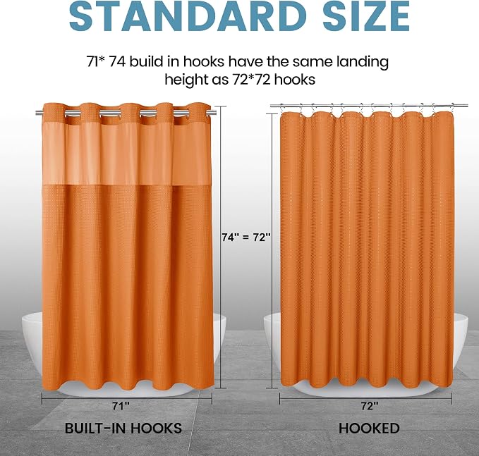 Heavyweight Waffle No Hook Shower Curtain with Liner, Burnt Orange, 71x74 | Snap in Liner, 256GSM, Thick, Hotel Luxury Spa, Waterproof Fabric, Corner Magnets, 3 in 1 Set, Washable, Hang in Seconds