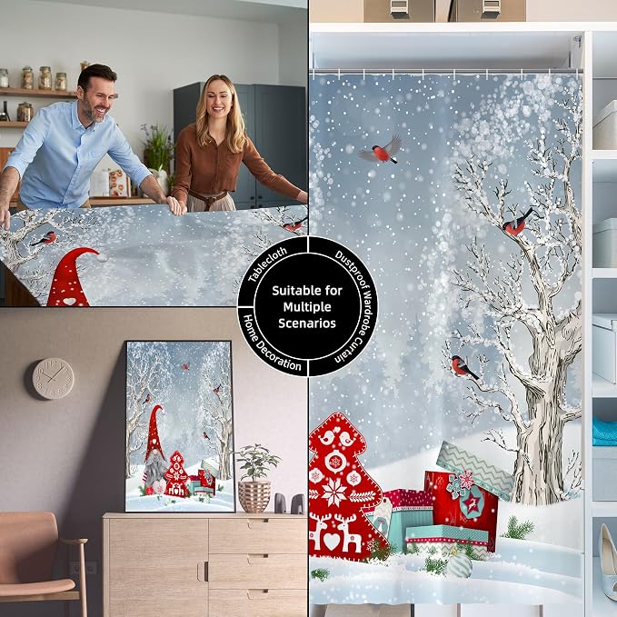 Winter Christmas Shower Curtain for Bathroom 72W*72H Inch Cute Gnome Cardinals Snowflake Snowy Bird Forest Holiday Decorations Bathtub Decor Waterproof Polyester Fabric Set