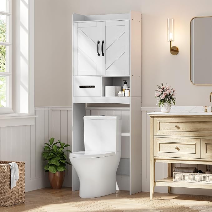 GarveeHome Over the Toilet Storage, Anti-Tip, Adjustable Shelf, White | Bathroom Cabinet, Toilet Paper Holder, Sturdy Build, for Bathroom Restroom Laundry