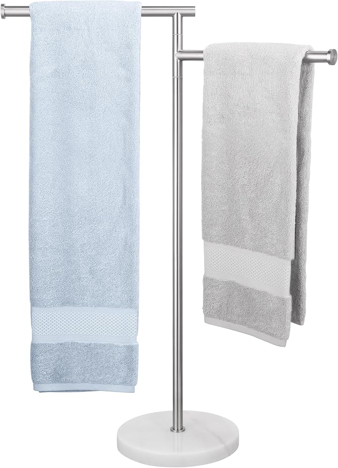 KES Standing Towel Racks for Bathroom Floor, 2 Swivel Arms, Brushed Finish | Arms Bath Towel Racks with Weighted Marble Base, SUS304 Stainless Steel Brushed Finish, BTH219S2-2