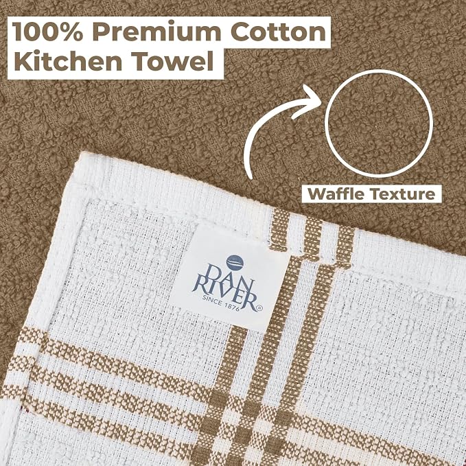 DAN RIVER Tan Kitchen Towels, 12 Pack, 16x26 Inches Absorbent Dish Towels | 100% Cotton Absorbent Soft cotton kitchen towels for drying dishes, Quick Dry, Dish Towels for kitchen,Tea and Bar towels set