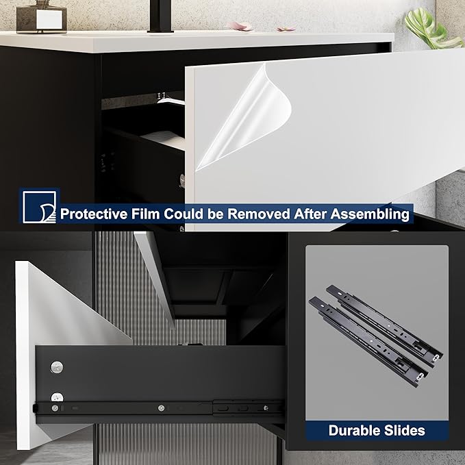 eclife 36" Bathroom Vanity Cabinet with Undermount White Sink Combo, Wall Mounted Floating Bathroom Cabinet with Colors Mixed Style, 2 Big Drawers & Matte Black Faucet