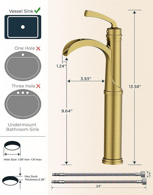 FORIOUS Vessel Sink Faucet 1 Hole, Vintage Bathroom Faucet Brushed Gold | For 1 Hole Vessel Bowel Sink, Antique Look and Waterfall Spout Design, with Drain and Supply Lines for RV Vantiy Restroom