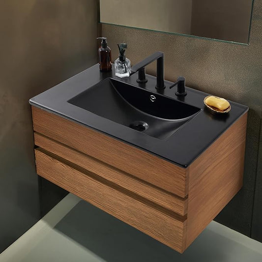 JONATHAN Y Ancillary 30" Bathroom 3-Hole Sink Top, Black | Ceramic Vanity, 18.25" Rectangular Single Basin, Matte Finish, 8" Centerset Faucet Holes, Overflow Drain, Contemporary Style