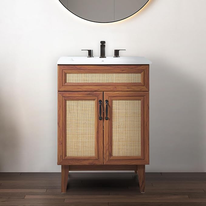 JONATHAN Y Javer Bohemian Rattan Freestanding Bath Vanity, 24", Walnut | 18" Deep, 33" High, 2 Soft-Close Doors, Caned Paneling, 2-Shelf Storage, Basin Not Included, Modern Farmhouse Style