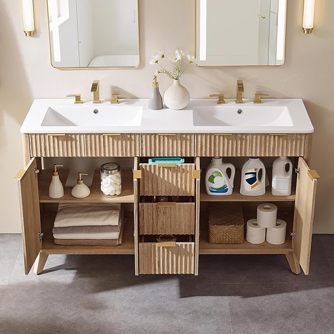T4TREAM 60" Fluted Bathroom Vanity with Resin Sink Combo,Freestanding Modern Bathroom Storage Vanity Cabinet with Soft Closing Doors & 3 Drawers,Wood Grain Texture,Metal Handle,Natural Oak