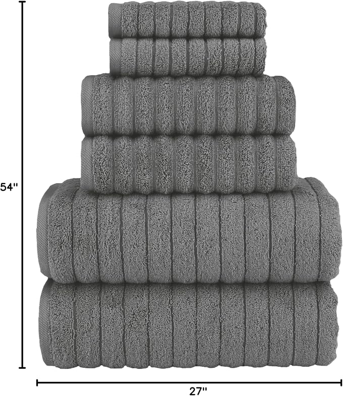 Elegant Comfort 100% Turkish Cotton Corduroy Ribbed Luxury Bath Towels 6-Piece Set, Premium Feel - Quick Dry, Highly Absorbent, Contains 2 Bath Towels, 2 Hand Towels, and 2 Washcloths, Gray