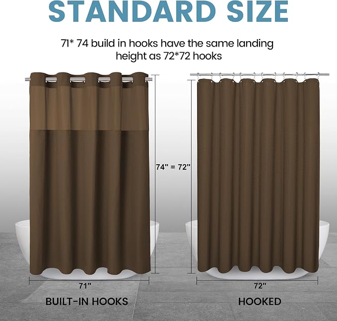 EUTXL Heavyweight Waffle No Hook Shower Curtain with Liner, Brown, 71x74 | Snap in Liner, 256GSM, Thick, Hotel Luxury Spa, Waterproof Fabric, Corner Magnets, 3 in 1 Set, Washable, Hang in Seconds
