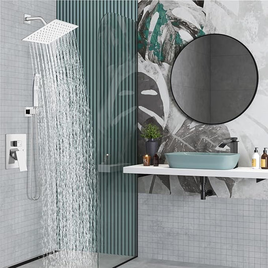 Midanya Shower Faucet Set with Handheld Sprayer,8 Inch,Polish Chrome | Rough-in Shower Valve and Trim Kit Included,Square Rain Head,Wall Mount Shower System,All Metal,Bathroom