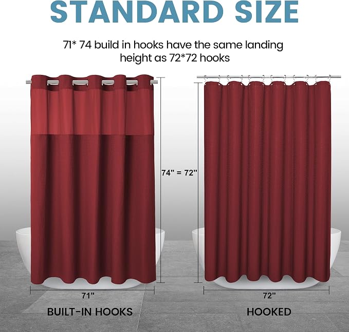 EUTXL Heavyweight Waffle No Hook Shower Curtain with Liner, Burgundy, 71x74 | Snap in Liner, 256GSM, Thick, Hotel Luxury Spa, Waterproof Fabric, Corner Magnets, 3 in 1 Set, Washable, Hang in Seconds