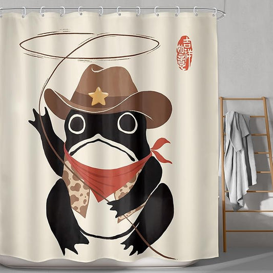 LGhtyro Funny Cowboy Frog Shower Curtain Bathroom Set 71Wx71H Inches Retro Western Rodeo Animal Cute Hat Asian Traditional Japanese Art Bath Accessories Black Beige Art Home Decor Fabric 12 Pack Hooks