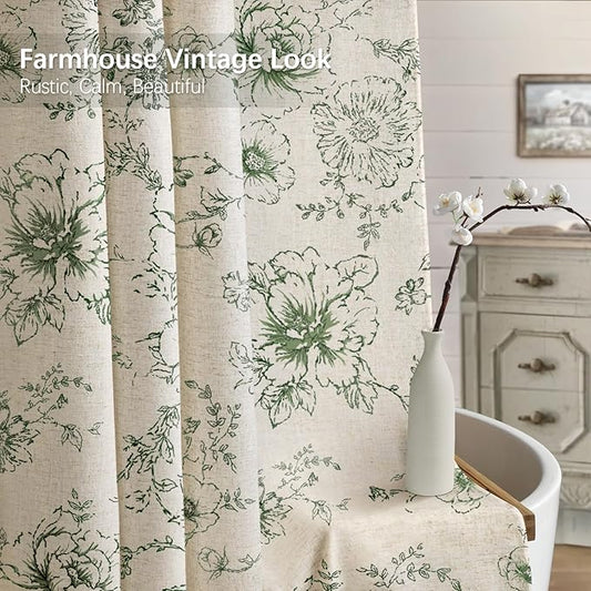 Farmhouse Floral Linen Shower Curtain, Vintage Green Pattern Rustic Shower Curtains for Bathroom, Tan Taupe,72x84