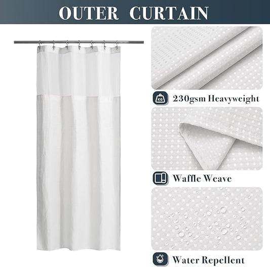 N&Y HOME Stall Waffle Weave Shower Curtain with Snap-in Liner White 36x72 | 12 Hooks & Snap on Fabric Liner, Washable, Mesh Window, Hotel Style, 36 x 72 Small Stall Size Shower Curtain Set for Bathroom