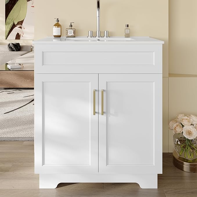 OLD CAPTAIN Bathroom Vanity with Ceramic Sink, 30" Freestanding Quick Assembly Bathroom Vanity Cabinet with Storage, White