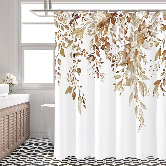 Brown Eucalyptus Shower Curtain, Watercolor Floral Print, 72x72 | Watercolor Plant Leaves Floral Print, Waterproof Fabric Bathroom Decor, Machine Washable, Rustproof Grommets