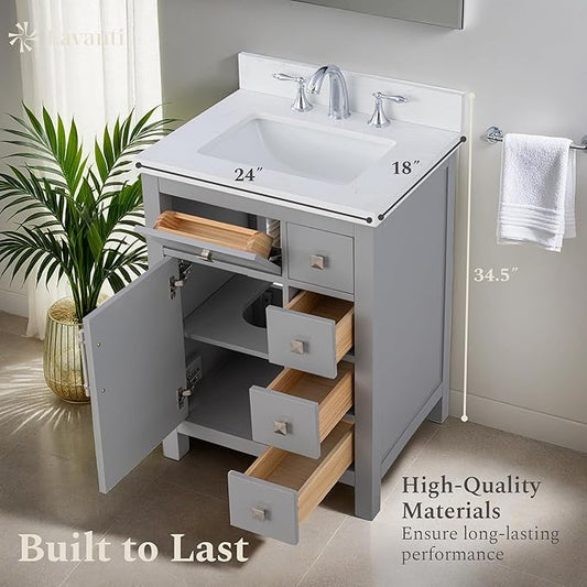 Lavanti Oakford 24 Inch Bathroom Vanity with Sink – Stylish Grey Vanity Bathroom with Storage Cabinet – Modern Bathroom Vanities with Single Vanity Sink & Quartz Countertop