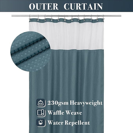 N&Y HOME Waffle Weave Shower Curtain with Snap-in Liner Set 71x72, Teal | 12 Metal Hooks Included, Snap on Fabric Liner, Mesh Window, Washable, Hotel Style Shower Curtain Set for Bathroom