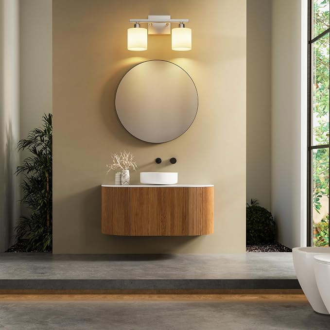 Bathroom Light Fixtures, Bathroom Lighting Fixtures Over Mirror, Classic Vanity Lights, Modern Vanity Light with Textured Frosted Opal White Glass Shades, Brushed Nickel, 2-Light