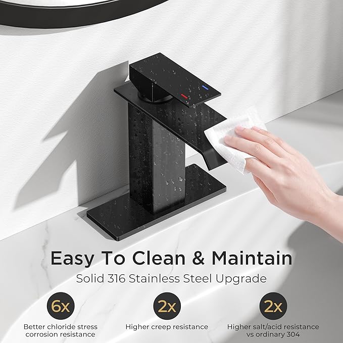 FORIOUS Bathroom Faucet 1 Hole Single Handle Vanity Sink Faucet Matte Black | Sqaure Waterfall Spout, 1 or 3 Hole 4 Inch Centerset Sink with Drain and Hoses, for Vanity Rv Commercial Lavatory Restroom