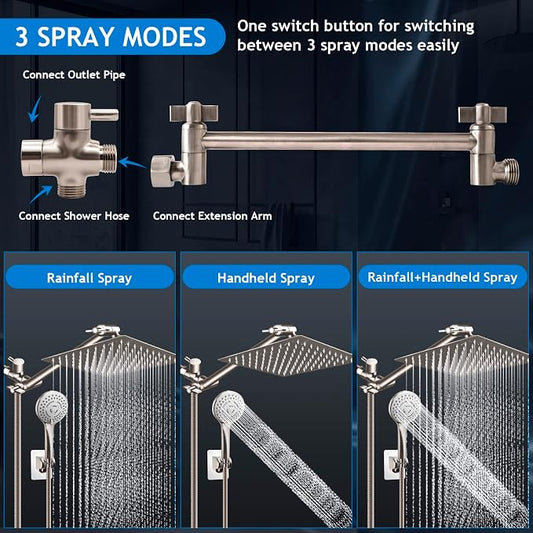 Shower Head Combo,10" Brushed Nickel High Pressure with 11" Extension Arm | Rain Shower Head with 5 Settings Handheld Shower Head Combo,Powerful Shower Spray Against Low Pressure Water