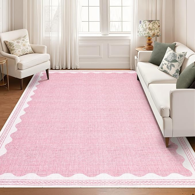 Garvee Modern Bordered Rugs for Living Room 8x10 Large Washable Rug Pink | Non Slip Low Pile Soft Carpet Foldable Non Shedding Stain Resistant Floor Cover for Bedroom Playroom Nursery Office Dorm