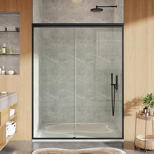 Framed Bypass Shower Door 44-48 inch W×72 inch H, Aluminum Structure with Dual Sliding Panels, 6mm Coated Tempered Glass, Matte Black Finish, Space-Saving Easy-Glide Bathroom Door