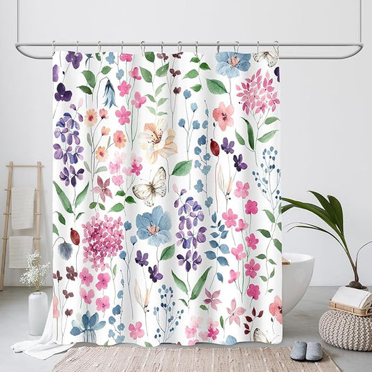 Colorful Floral Shower Curtain 60x72, Pink Green Blue Flower Fabric Shower Curtain for Bathroom, Cute Wildflower Butterfly Cloth Shower Curtain Set with Hooks