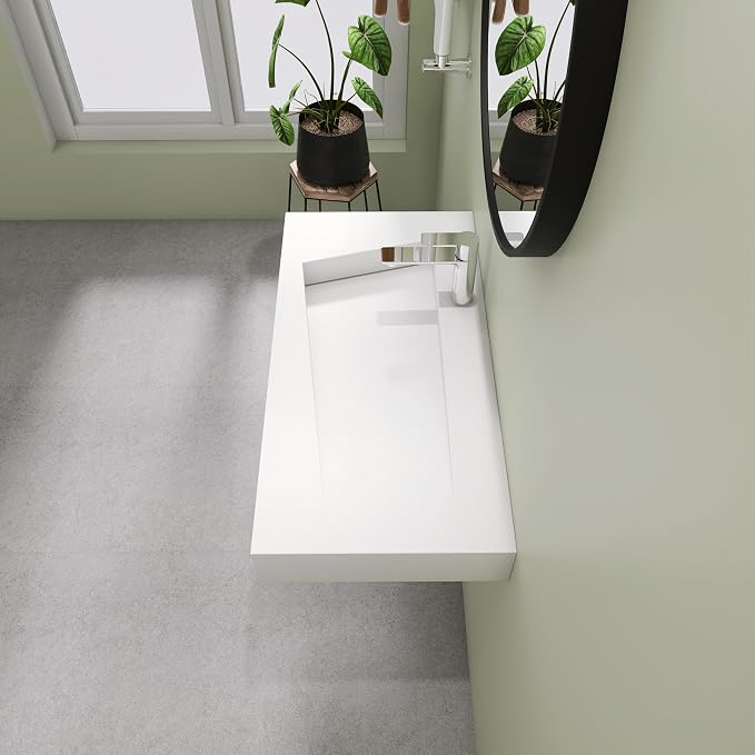 SJ Star&Jane 35" x 18" Solid Surface Bathroom Sink, Wall-Mount or Countertop Vessel Sink, Floating Vanity Sink, Pre-installed Faucet Holes, Durable Modern Design