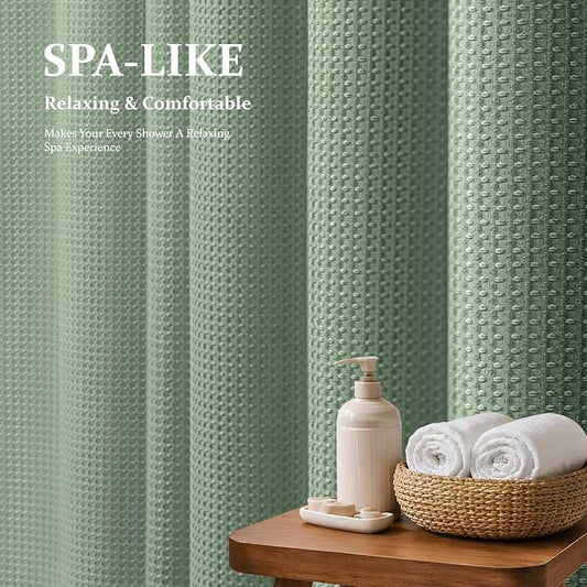 Waffle Shower Curtain 256 GSM Heavy Duty Fabric 72"x72" Sage Green | Thick Textured Cloth, Weighted Hem, Water Repellent Washable, Hotel Luxury Polyester Shower Curtain Set for Bathroom 12 Hooks