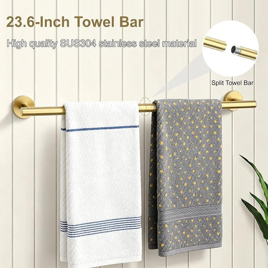 5 Pieces Brushed Gold Bathroom Accessories Set Bath Towel Bar Set | 24 Inch Towel Racks, 304 Stainless Steel, Modern Design, Sturdy and Rustproof, Easy to Install, Save Space, No Sharp Edges