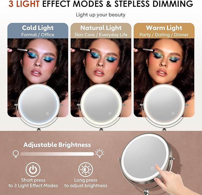 ZLOKLA 9" Wall Mounted Lighted Makeup Mirror,4000mAh Rechargeable Double Sided 1X/30X Magnifying Mirror with Light,Touch Dimmable,Extended Arm 360 Rotation Wall Mounted Makeup Mirror 3 Color Lights-N