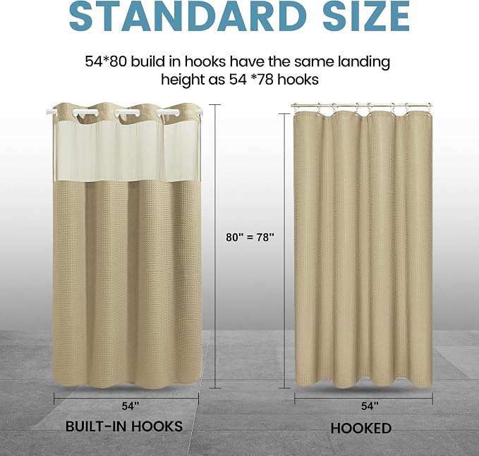 EUTXL Heavyweight No Hook Shower Curtain with Liner, Beige, 54x80 | Snap in Liner, Thick Waffle Fabric, Hotel Quality, Corner Magnets, Waterproof & Washable