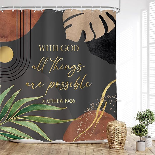 Glawry Dark Green Boho Bible Verse Shower Curtain Christian Inspirational Scriptures Quotes Abstract Tropical Palm Bathroom Mid Century 60Wx72L Inches Bath Accessories Home Decor Fabric 12 Pack Hooks