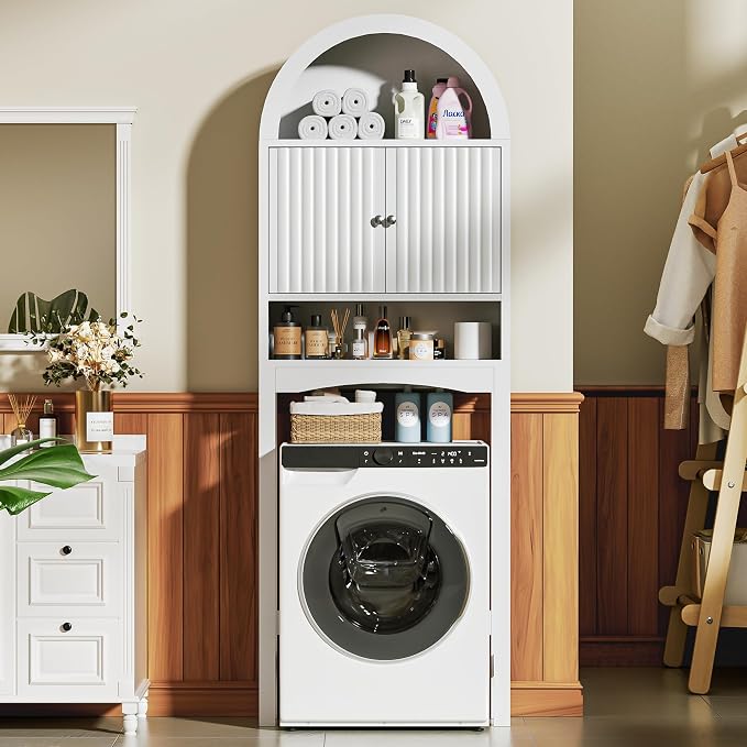Spurgehom Arch Over The Toilet Storage Cabinet, Bathroom Organizer (White) | Freestanding Bathroom Shelf Equipped with Anti-Tipping Device, Space-Saving Vertical Toiletries Storage Cabinet